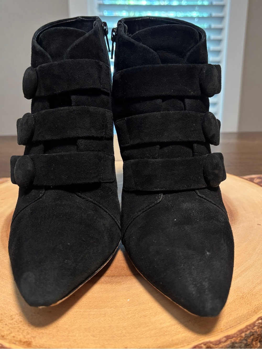 Gianni Bini Black Suede Pointed Ankle Booties with Button Straps